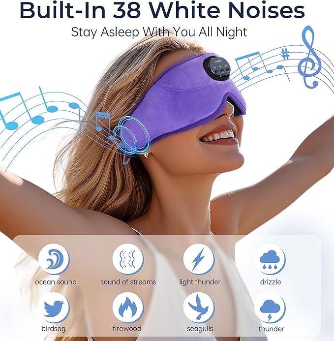 LC-dolida 5.4 Bluetooth Sleep Mask with White Noise,Sleep Headphones,Bluetooth Wireless Music Eye Mask, Ideal for Travel, Night Work,Side Sleeping and Office Use for Both Men and Women(Lavender)
