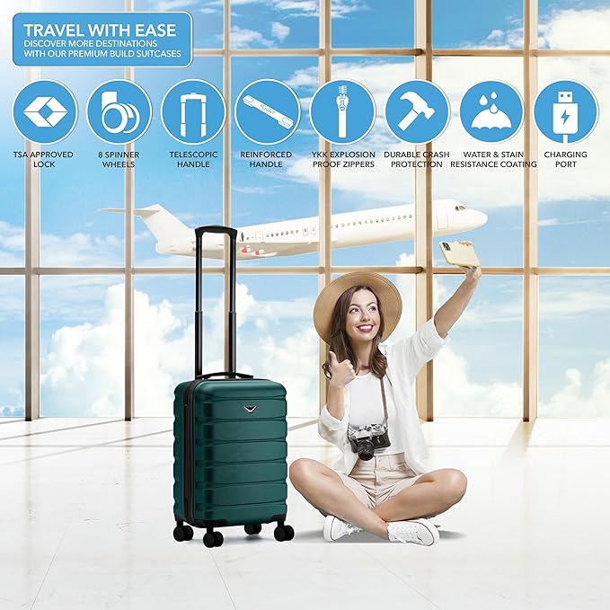 Carry On Suitcase Hardside TSA Lock & USB Port Silent Double Spinner Wheels Maximum Carry-On Bag For Canada Air Approved Airlines( 21.5x15.5x9" ,Forest Green )