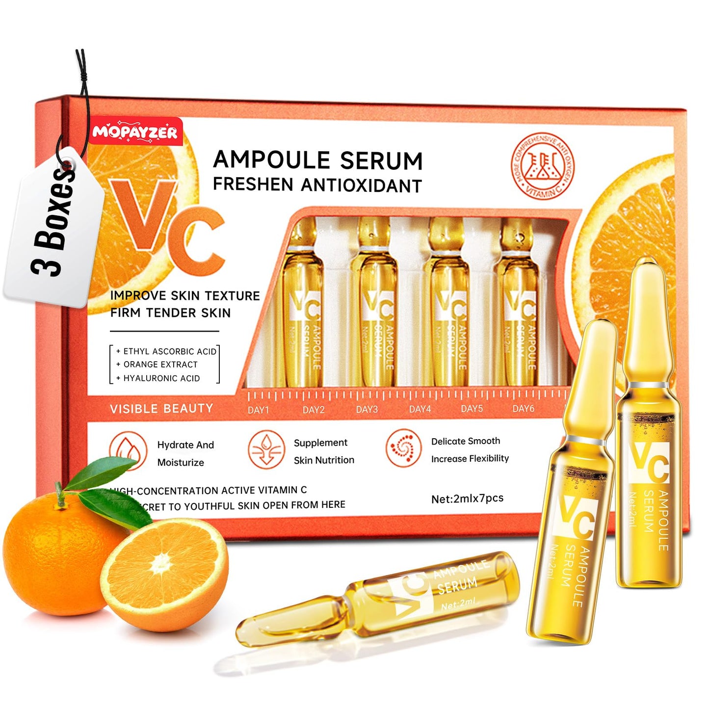 Vitamin C Face Serum, Hyaluronic Acid + Niacinamide + Ascorbic Acid, Anti Aging Facial Serum Ampoules for Wrinkles, Firmness & Moisturizing, Organic Vitamin C for Face with Three Boxes of 21 Ampoules