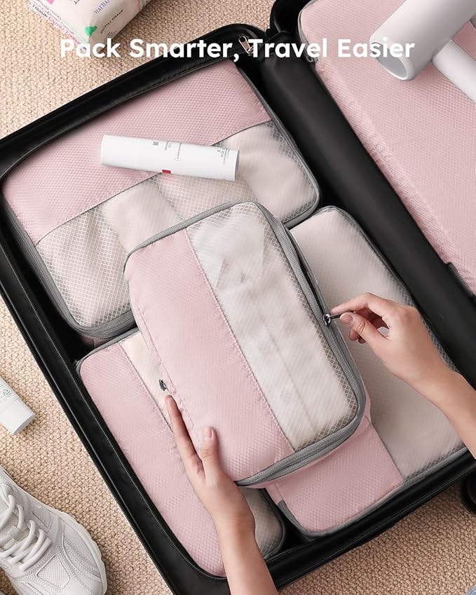 6 Set Compression Packing Cubes for Travel, Bonus Versatile Drawstring Backpack, Lightweight Luggage Organizer Bags, Sturdy Travel Accessories for Suitcase, Pink