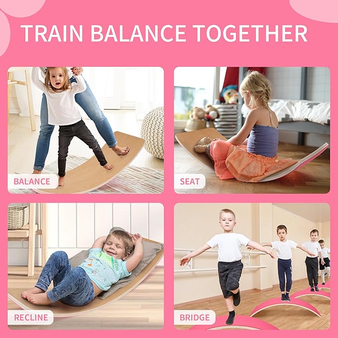 Balance Board, 32 Inch Wooden Wobble Board, Montessori Rocker Yoga Curvy Board Natural Wood, Open Ended Learning Toy, Sensory Play Equipment for Office & Classroom, Multiple Colors