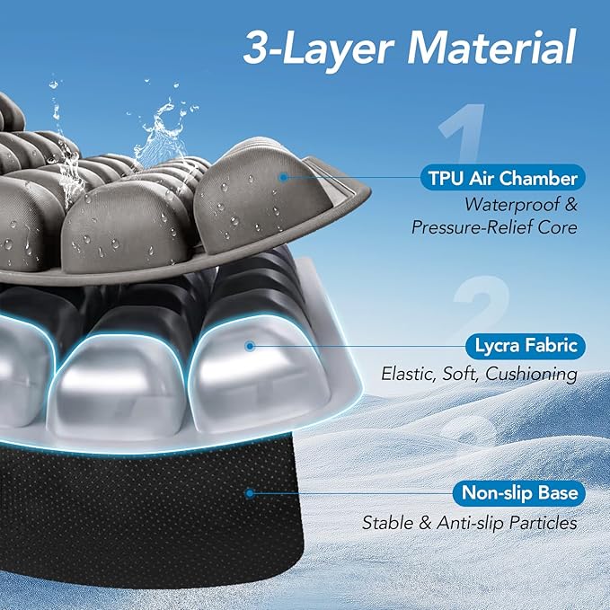 Air Inflatable Travel Seat Cushion, Portable Breathable Comfort Cushion, 56 Air Bubble Design for Airplane, Car, Office Chairs & Home Living – Lightweight & Ergonomic Support,18” x 16” (Grey)