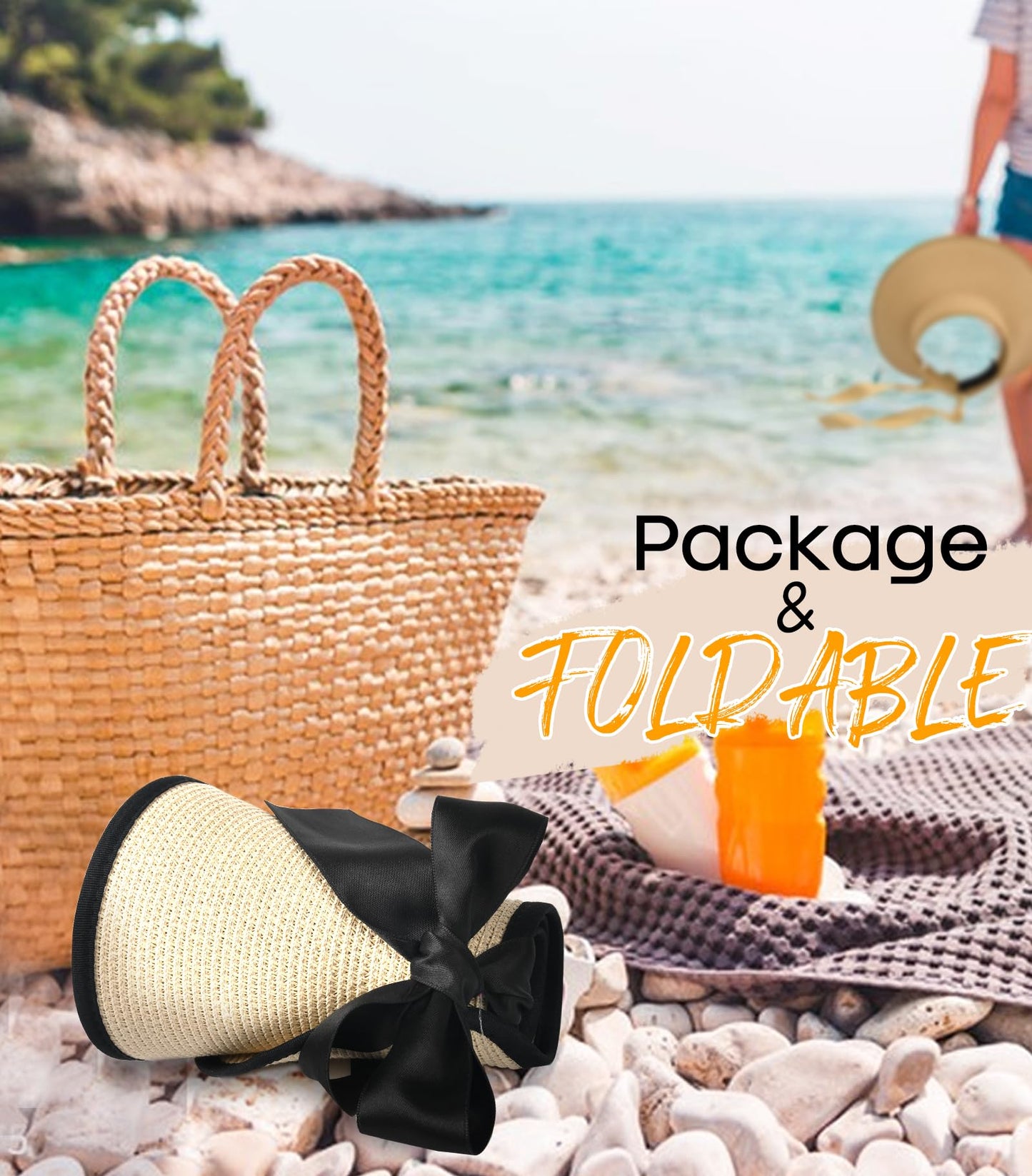 Camptrace Sun Visors for Women Wide Brim Beach Hat Foldable Straw Visor Hat Ponytail Summer Packable UPF 50+ Beige