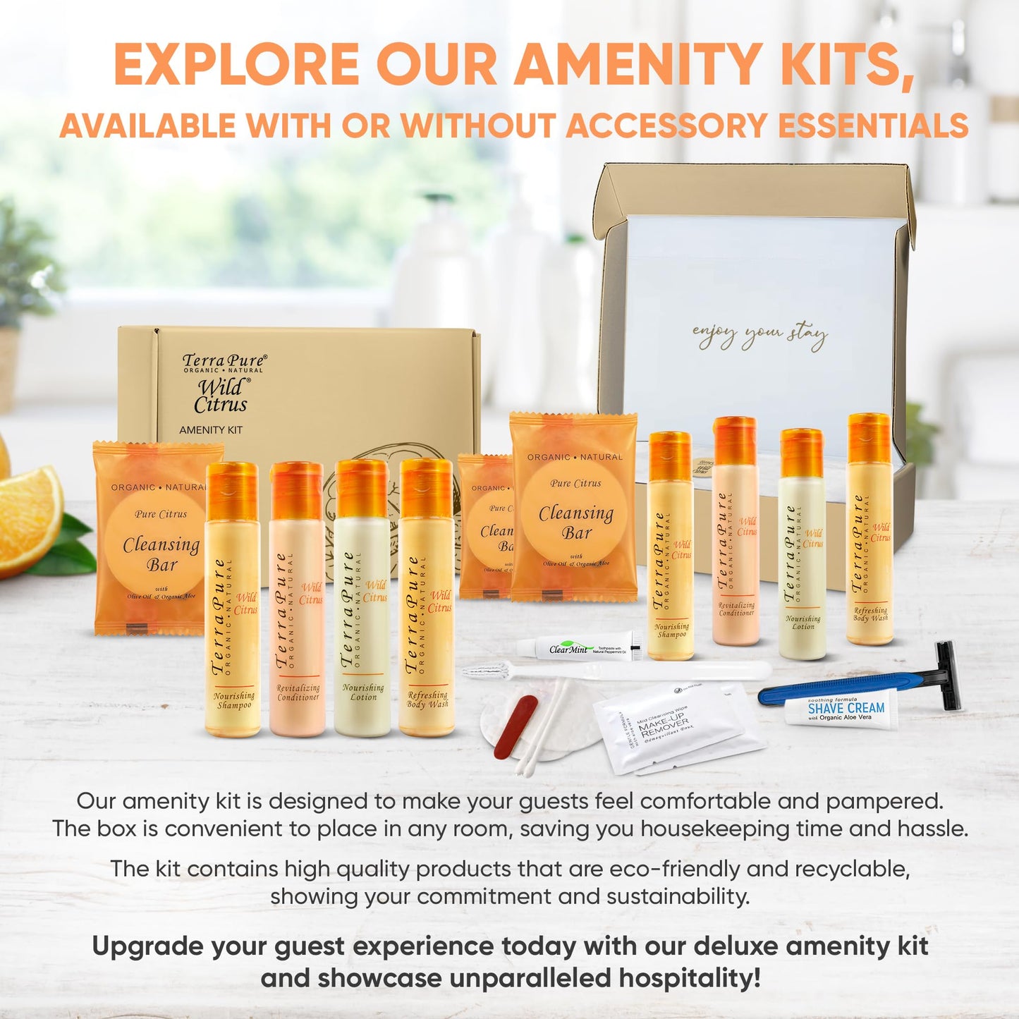 Terra Pure Amenity Kit | Boxed Hotel Toiletries Bulk Set | 1 oz Shampoo, Conditioner, Lotion, Body Wash & Cleansing Bar | 1 Set per Case