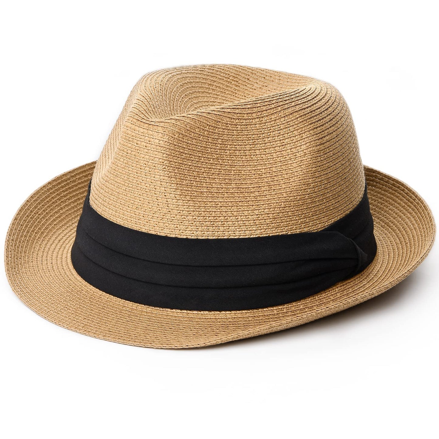 FURTALK Fedora Straw Sun Hat for Men Women Short Brim Panama Beach Hat UPF 80+ Khaki