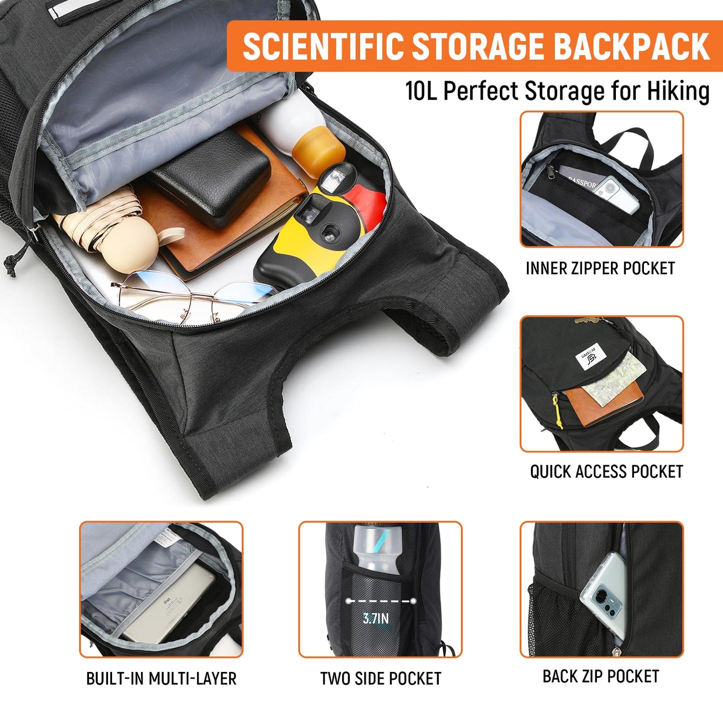 SKYSPER 10L Hiking Backpack, Foldable & Packable Lightweight Daypack for Travel, Collapsible Small Compact Hiking Backpack for Women & Men, Black