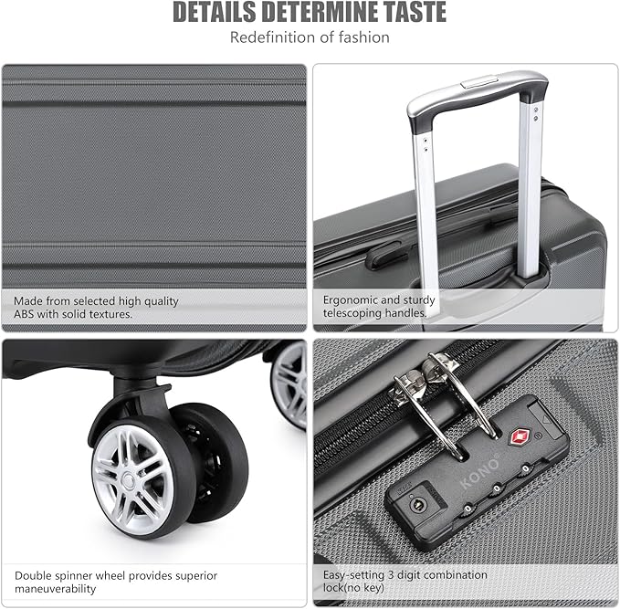Kono 24 Inch Luggage Suitcase Lightweight with Spinner Wheels TSA Lock Hardside Medium Checked Luggage Durable Rolling Suitcase Grey