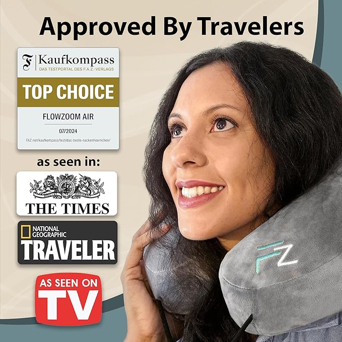 Air Inflatable Neck Pillow for Traveling on Plane - H-Shape Hooded Travel Pillow with 5 Snooze Modes, Fast Inflation, Pressure Control, Cozy Clip-On Hood & Plushy Cover - Size L, Silver Gray