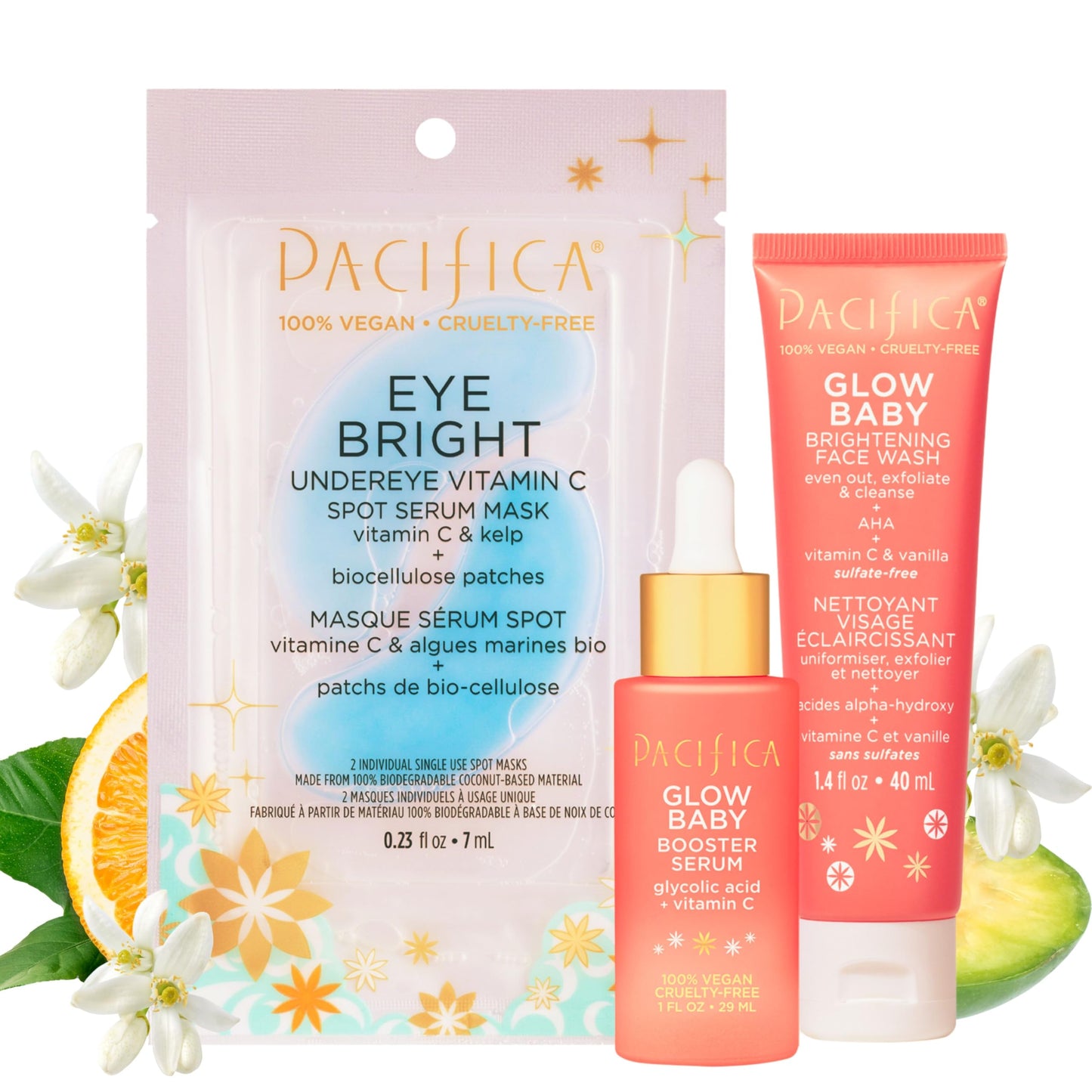 Pacifica Beauty | Glow Baby Vitamin C Trial + Value Kit | 3-Piece Skin Care Gift Set | Travel Friendly | Brightening Face Serum, Face Wash/Cleanser, Under Eye Patches | Glycolic Acid, AHA | Vegan