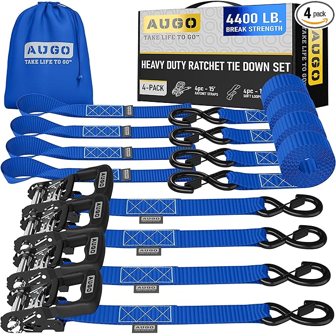 AUGO Heavy Duty Ratchet Straps & Soft Loops – Pack of 4 Extra Strong 1.5” by 15’ Ratchet Straps w/S-Hook Safety Latches & 4 Soft Loop Tie Downs – 4400Lb Break Strength for Motorcycles, ATVs, Etc.