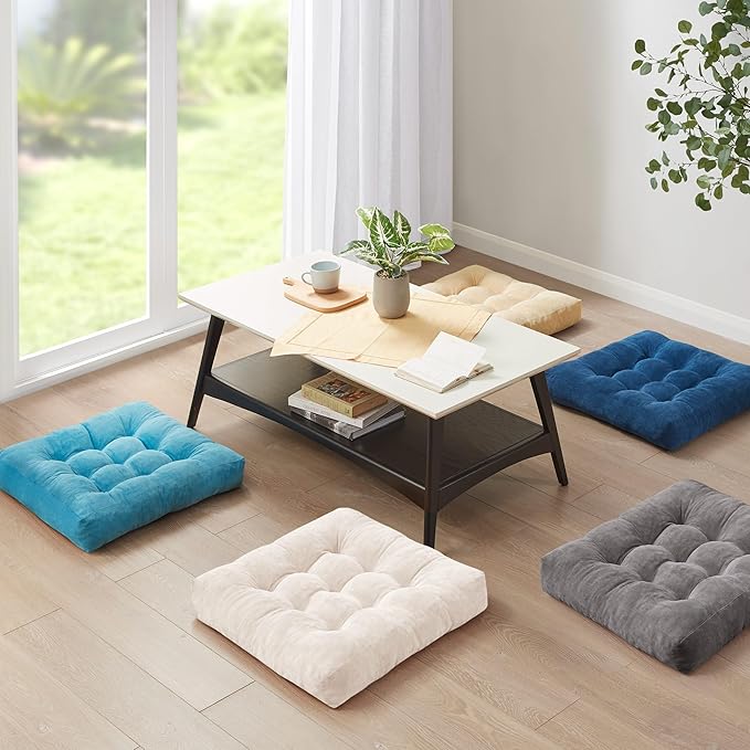 Degrees of Comfort Meditation Floor Pillow, Square Large Pillows Seating for Adults, Tufted Corduroy Cushion for Balcony Bedroom Tatami Living Room, Beige, 22x22 Inch