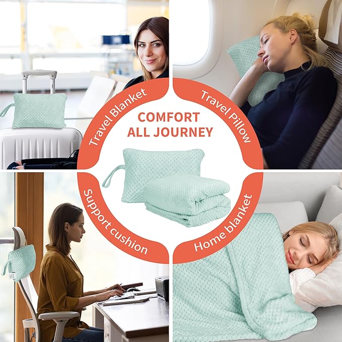 Tirrinia Travel Blanket Airplane Compact with Bag, Soft& Lightweight Wearable Blanket with Foot Pockets for Women Men Adults, Warm Snuggle Blanket, Airplane Travel Essentials,Travel Gifts for Her,Aqua