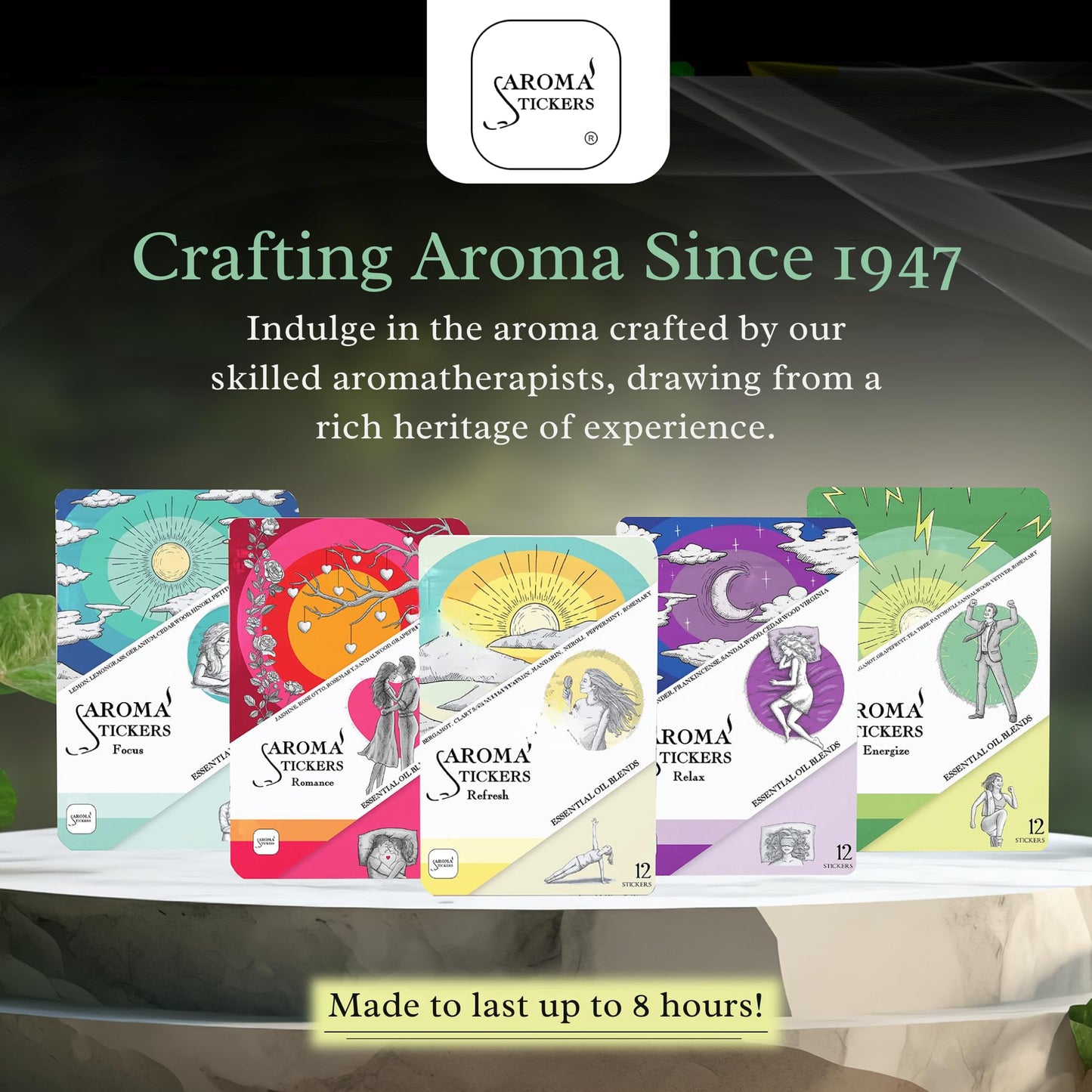 AROMA STICKERS® Original Blend Edition All in One - 100% Natural Essential Oil Scented - Aromatherapy Sticker Diffuser for Relaxation & Energy Boost (Pack of 5, 12 Stickers/Pack, 60 Stickers Total)