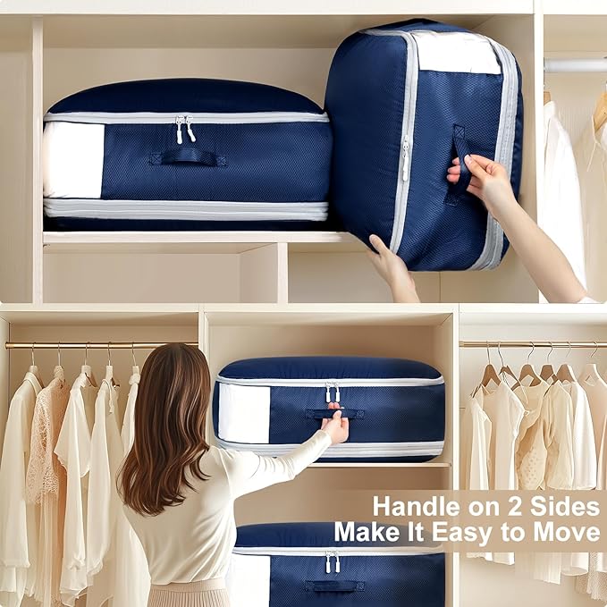 Comforter Storage Bag - Large Capacity Blanket Storage Bags 3-Layer Ultra Space Saving Self Compression Organizer, Washable Compression Bags for Storage Comforter Blanket, 8-Pack, Navy Blue