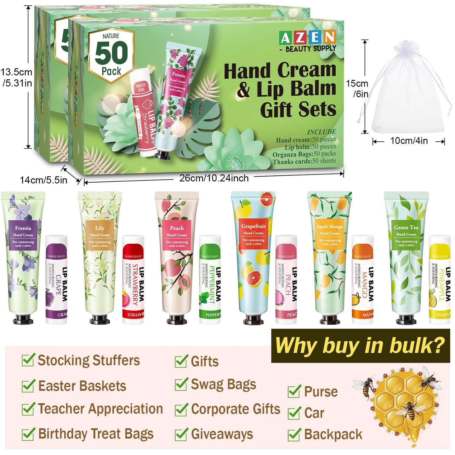 AZEN 100 Sets Bulk Gifts, Hand Cream and Lip Balm Bulk Set with Organza Bag Thank You Card, Baby Shower Wedding Gifts for Guests, Bridal Wedding Favors for Guests, Thank You Gifts for Women