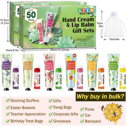AZEN 100 Sets Bulk Gifts, Hand Cream and Lip Balm Bulk Set with Organza Bag Thank You Card, Baby Shower Wedding Gifts for Guests, Bridal Wedding Favors for Guests, Thank You Gifts for Women