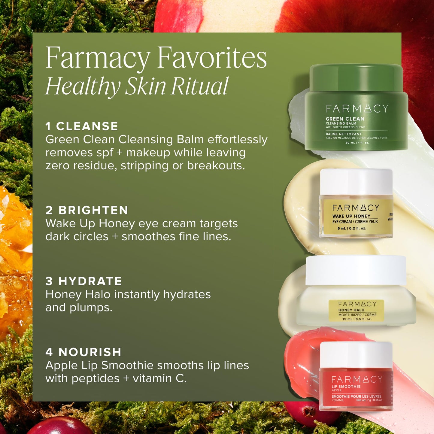 Farmacy Favorites Skin Care Set - Includes Green Clean Cleansing Balm, Wake Up Honey Eye Cream, Honey Halo Face Moisturizer & Lip Smoothie - Travel Size Skincare for Healthy, Glowing Skin (4 Count)