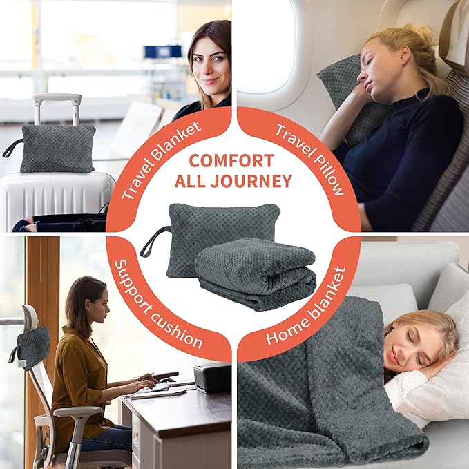 Tirrinia Travel Blanket Airplane Compact with Bag, Soft& Lightweight Wearable Blanket with Foot Pockets for Women Men Adults, Warm Snuggle Blanket, Airplane Travel Essentials, Travel Gifts for Her,