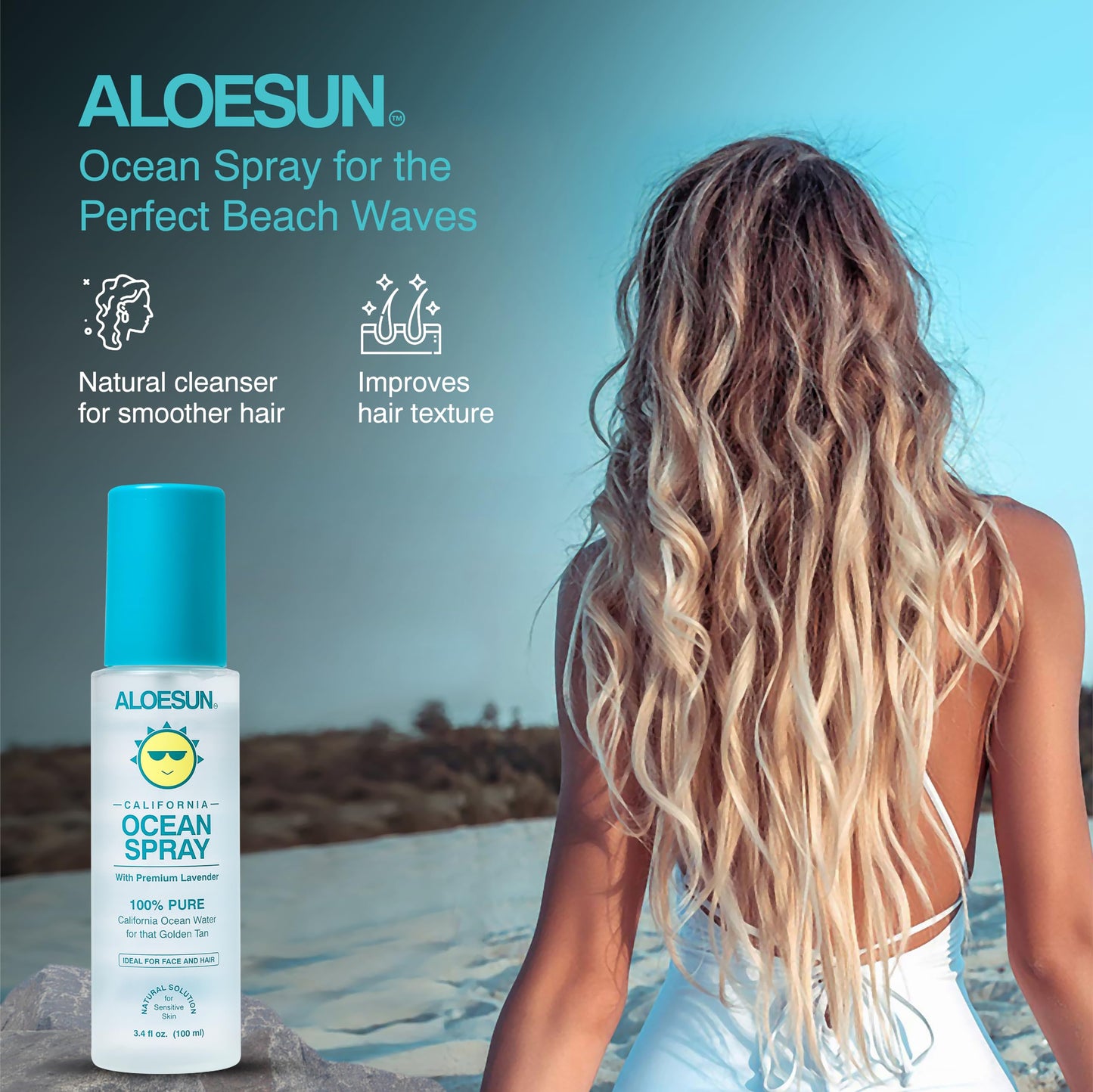 ALOESUN Ocean Spray | Pure California Sea Salt Water Face Mist Infused with Organic Lavender Essential Oil for Tanning | Hair & Scalp Exfoliating Solution | Facial Moisturizer | Travel Size 3.4 Fl Oz