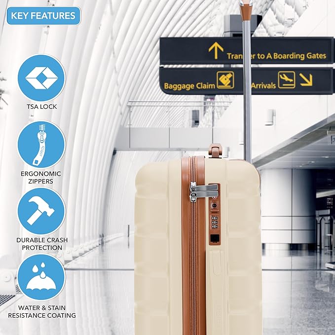 Carry On Suitcase Hardside Built In TSA Lock & USB Port Silent Double Spinner Wheels Maximum Overhead Carry-On Bag For American & United Approved Airlines(22x14x9,Cream/Tan)