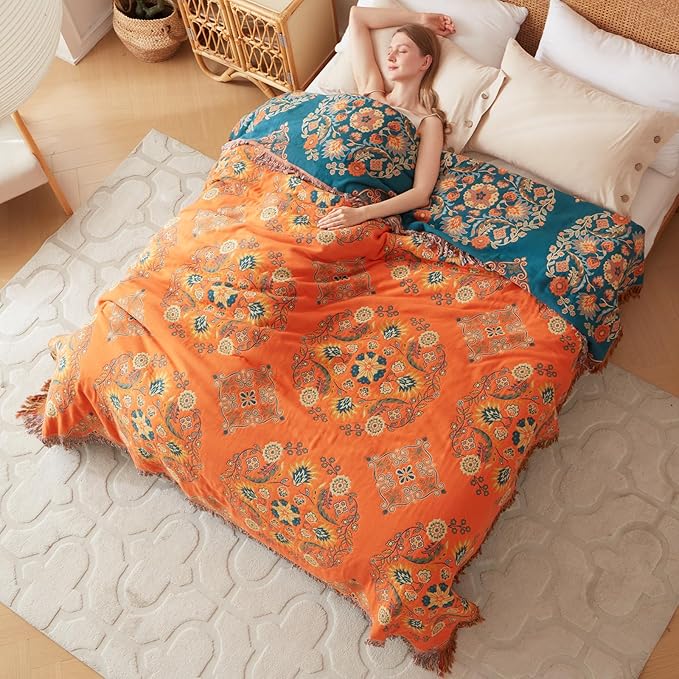 Boho Throw Blanket for Bed 100% Cotton Ultra Soft Rustic Quilt Fall Blanket Floral Farmhouse Decor Bed Blankets,All Season Rustic Throw for Sofa Chair 90"×98"