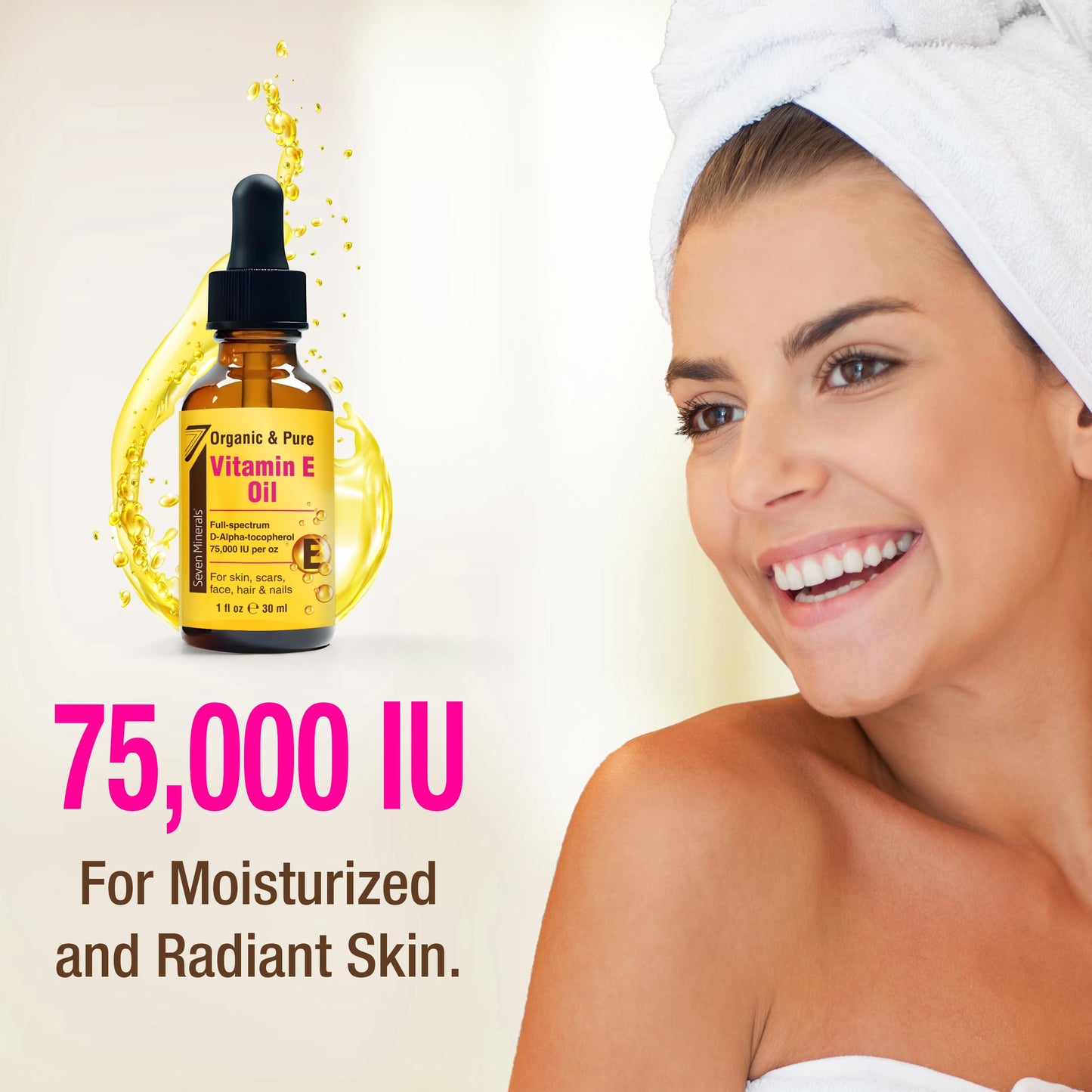 Seven Minerals Ultra Pure Vitamin E Oil - 75,000 I.U. Full-Spectrum D-Alpha Tocopherol, 1 Fl Oz - 100% Organic Vitamin E Oil for Skin, Face, Hair, and Scars - Naturally Occurring = Not Synthetic