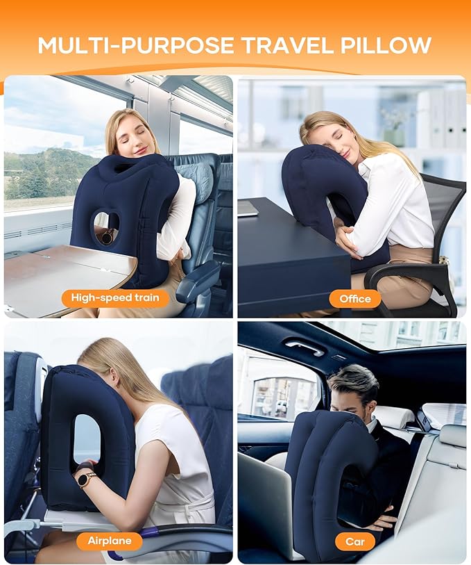 Sunany Travel Pillow, Upgraded Plane Pillow for Long Flights, Inflatable Neck Pillow Used for Airplanes,Cars,Buses,Trains,Office Napping with Eye Mask,Earplugs (Blue)