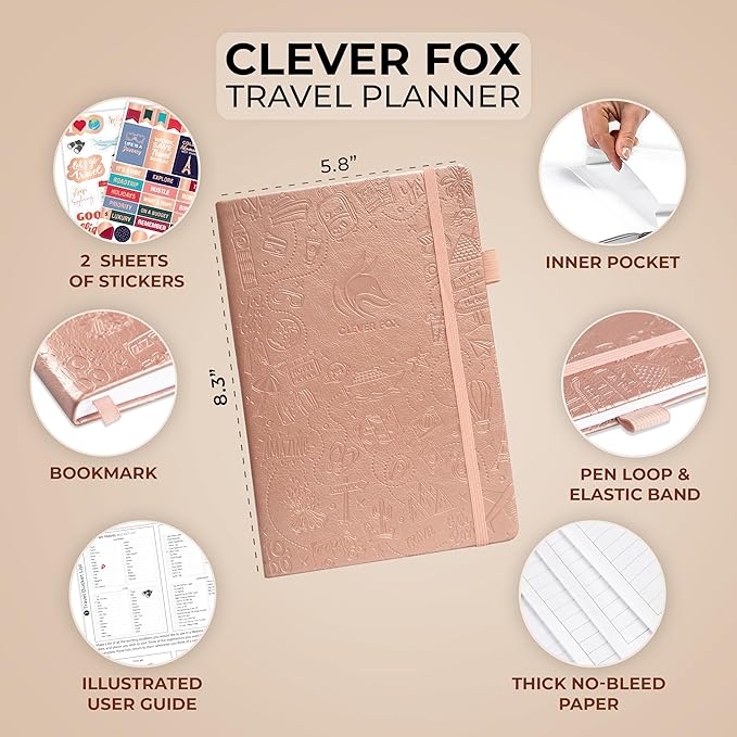 Clever Fox Travel Journal – Vacation & Trip Organizer with Budget Plan, Packing List, Travelling Expense Tracker, A5 (Rose Gold)