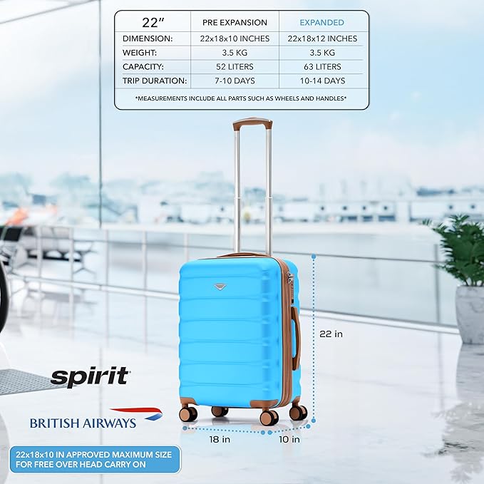 Carry On Suitcase Hardside TSA Lock & USB Port Silent Double Spinner Wheels Maximum Overhead Carry-On Bag Approved For Many Airlines( 22x18x10" ,Turquoise/Tan )