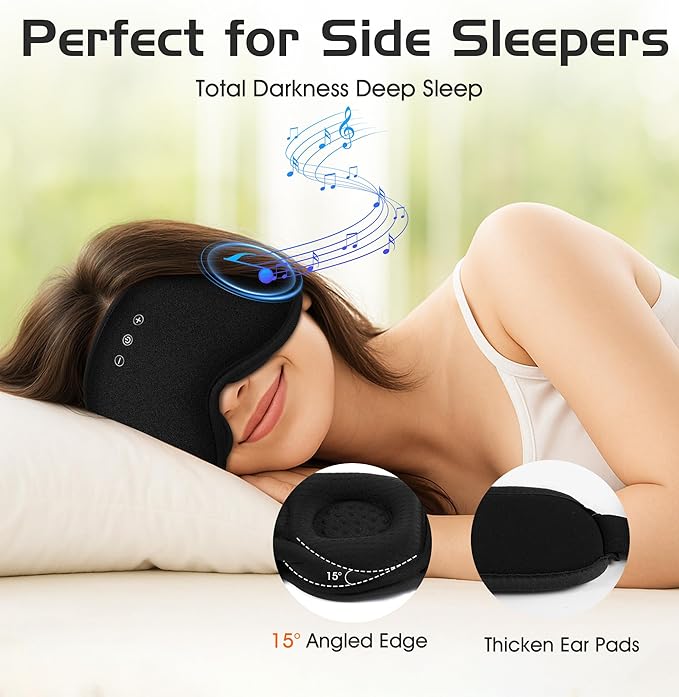 Bluetooth Sleep Mask with 2 Removable 3D Contoured Cup, Bamboo Cotton Bluetooth Sleep Headphones for Side Sleepers with Timming Setting, Blackout Eye Mask for Travel Meditation Men Women