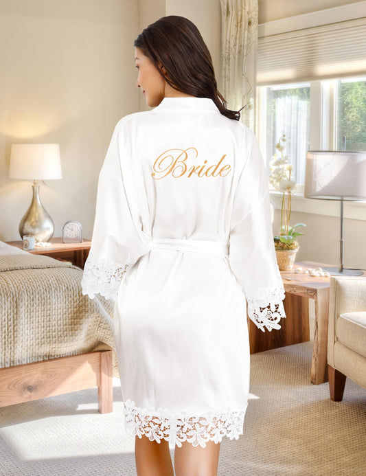 EPLAZA Bride Robe for Wedding Day Set Bridal Robe Lace Trim Silky Embroidery Satin Kimono for Bridal Party (White-Bride, Small-Medium)