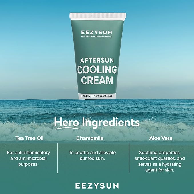 AfterSun Cooling Cream | Vegan AfterSun Care with Aloe Vera, Tea Tree Oil, & Chamomile to Soothe, Hydrate, & Repair Sunburn | Dermatologically Tested 3.3 FL OZ