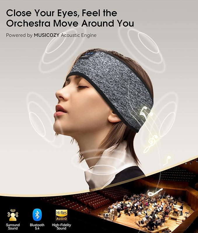 MUSICOZY Sleep Headphones Bluetooth 5.4 Headband, Wireless Earphones Music Sleep Earbuds Sleeping Eye Mask with HD Stereo Speakers for Workout Running Travel Yoga, Ideal Gifts for Women Men