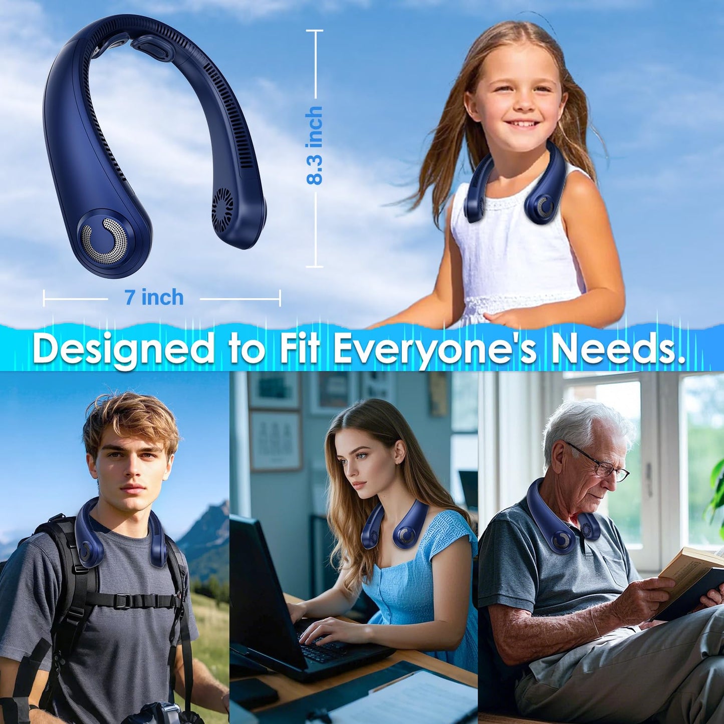 AUIIAH Portable Lightweight Neck Fan Rechargeable, 5 Speeds, Neck Support, USB Personal Bladeless Wearable Cooling Neck Fan for Hot Flashes, Disneyland, Travel, Summer Gift for Women Men