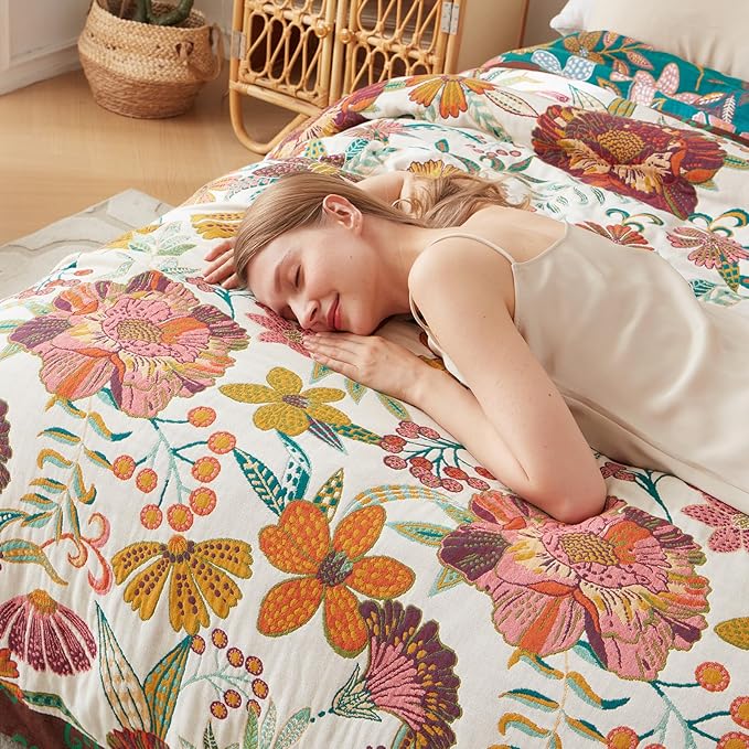 Boho Throw Blanket for Bed 100% Cotton Ultra Soft Rustic Quilt Fall Blanket Floral Printed Farmhouse Decor Bed Blankets,90"×98" All Season Rustic Throw for Sofa Couch Chair