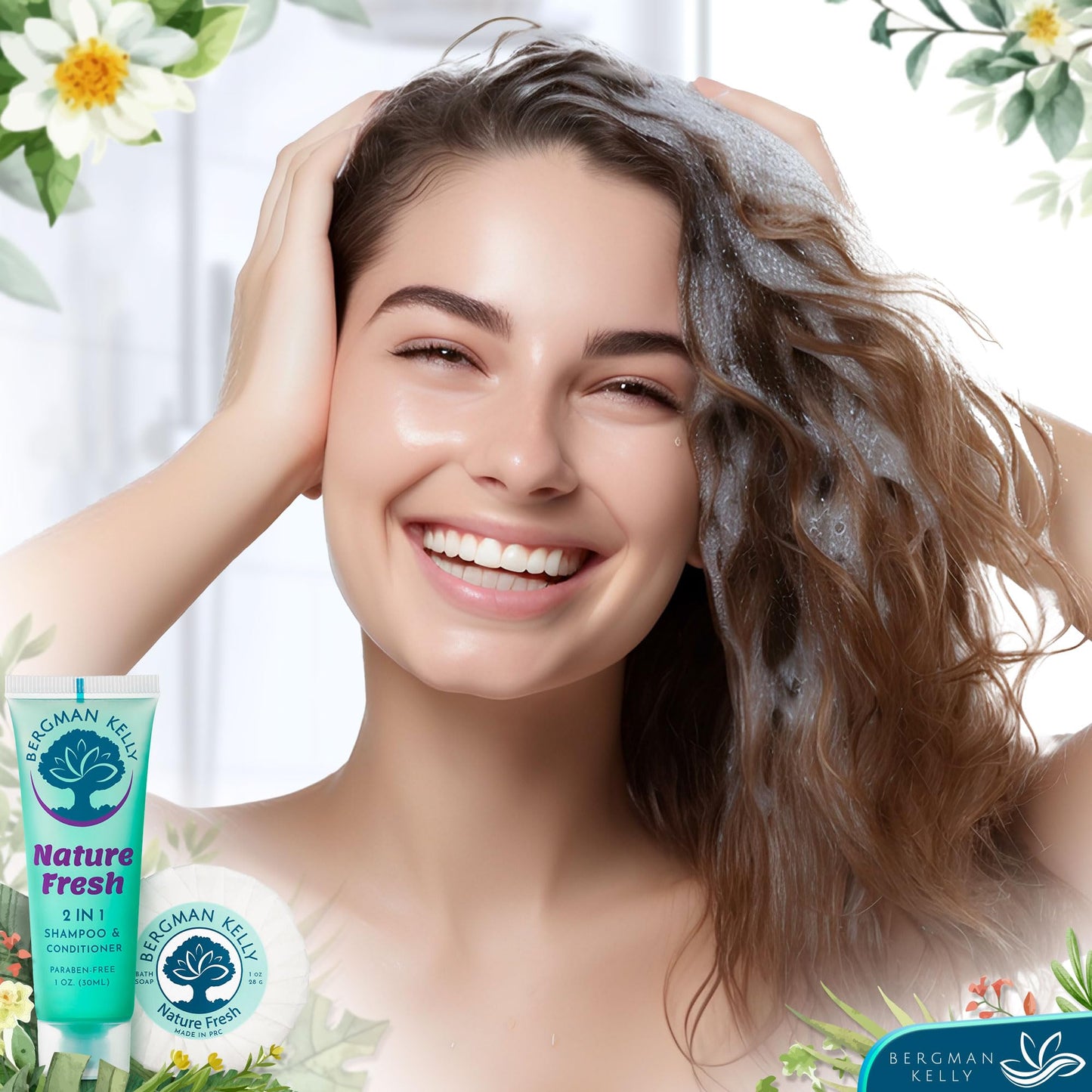 BERGMAN KELLY Round Soap Bars, 2in1 Shampoo & Conditioner 2-Piece Set (Nature Fresh, 1 oz each, 100 pc), Delight Your Guests with Refreshing & Soothing Hotel Amenities & Bulk Toiletries