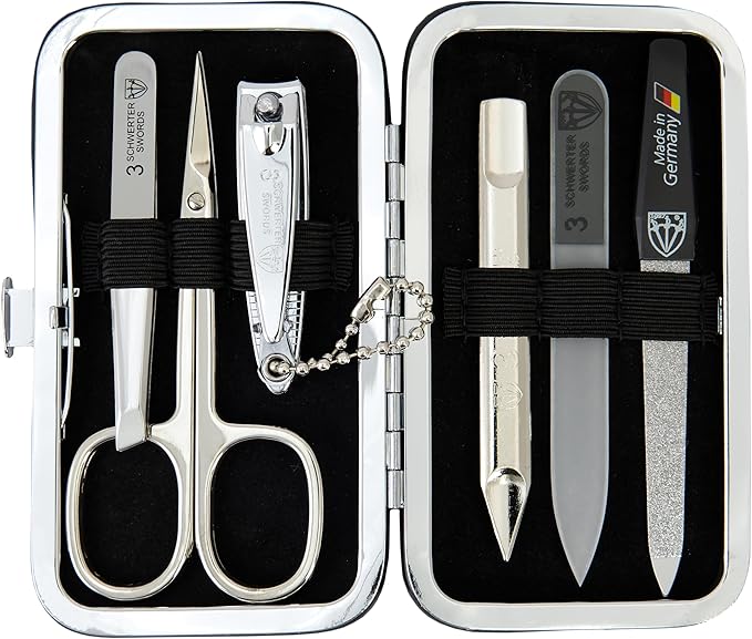 3 Swords Germany - Brand Quality 6 Piece Manicure Pedicure Grooming kit Set - Scissors, Metal and Glass Nail File, Clipper, Tweezers with Synthetic Leather case - Snake
