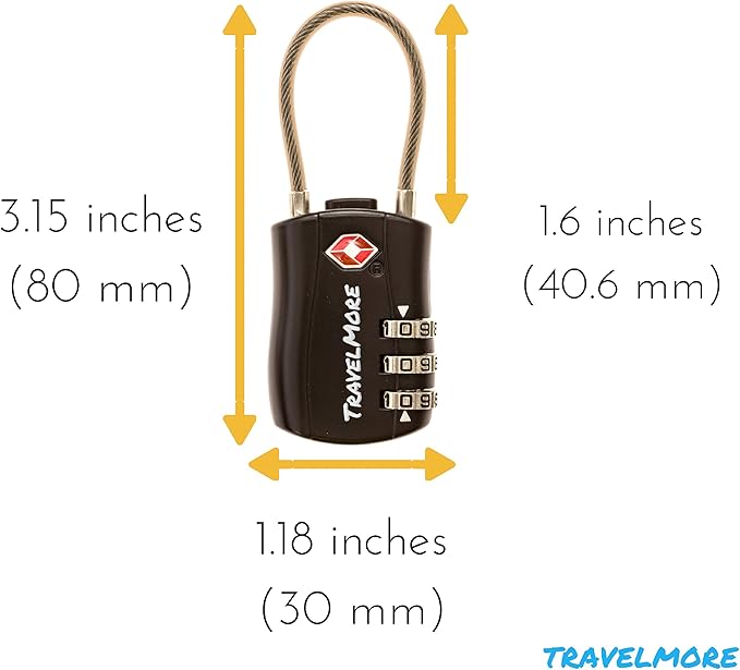 6 Pack TSA Approved Travel Combination Cable Luggage Locks for Suitcases & Backpacks - Black