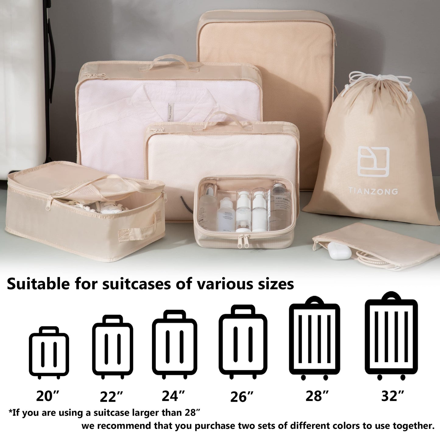 TianZong 7-piece Set Packing Cubes, Travel Bags for Luggage, Packing Organizers with Shoe Bag (Beige with a Toiletry Bag)