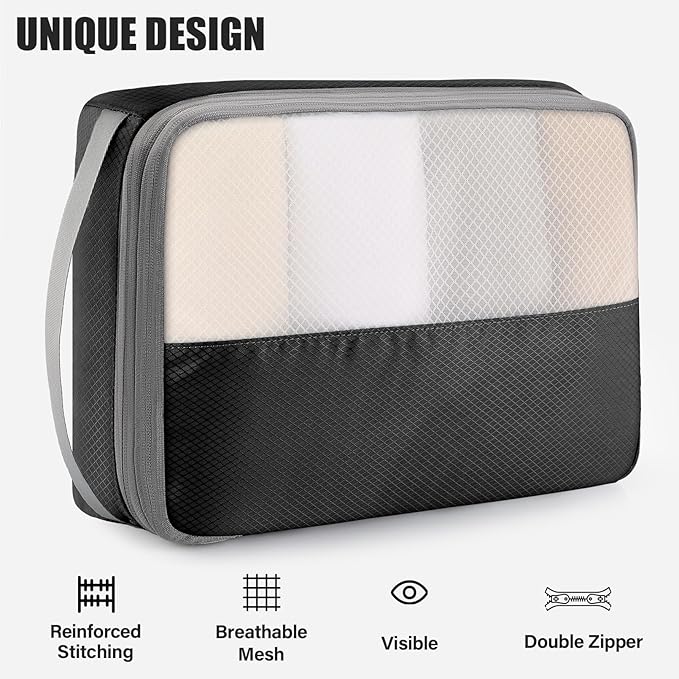 6 Set Compression Packing Cubes for Travel, Lightweight and Space-Saving Luggage Organizer Bags, Sturdy Travel Essentials for Suitcase, Black