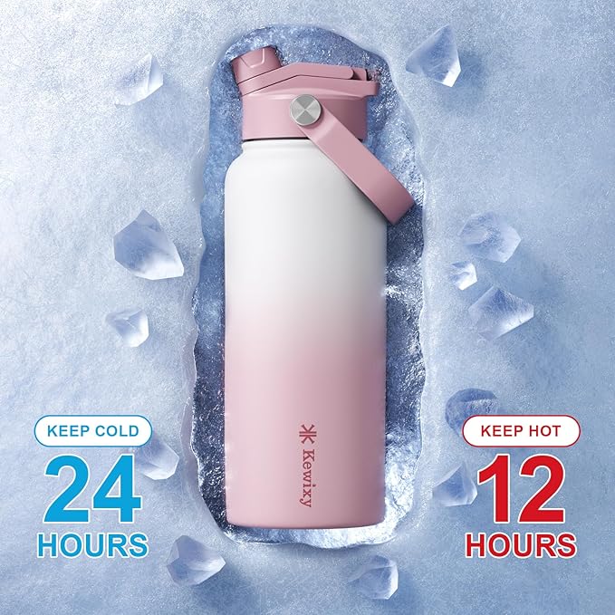 32 oz Insulated Water Bottle, 2-in-1 Lid, Straw & Spout with Protected, Leak Proof, Keep Cold, Stainless Steel, Metal, Reusable, Handle, for Outdoor, Gym and School, 2 Lids, Iced Plum