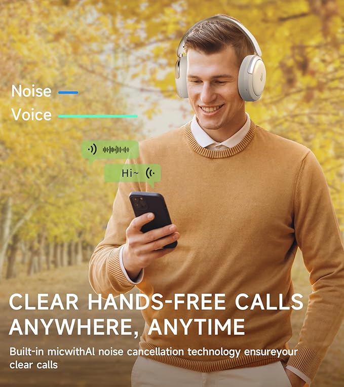 Atom Max - Hybrid Active Noise Cancelling Headphones, Hi-Res Audio, Wireless Over-Ear, Foldable, 45H Playtime, Fast Charging, Customize via an App, Bluetooth v5.4, ANC Headphones, White