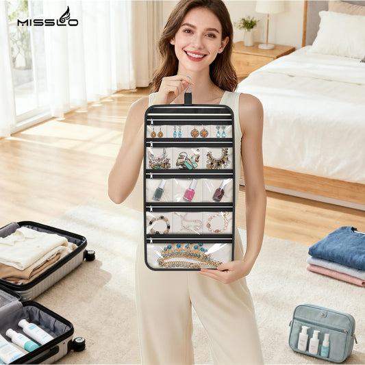MISSLO Hanging Jewelry Organizer Travel Foldable Jewelry Roll Storage Case with 14 Cotton Zippered Pockets for Traveling, Closet, Suitcase