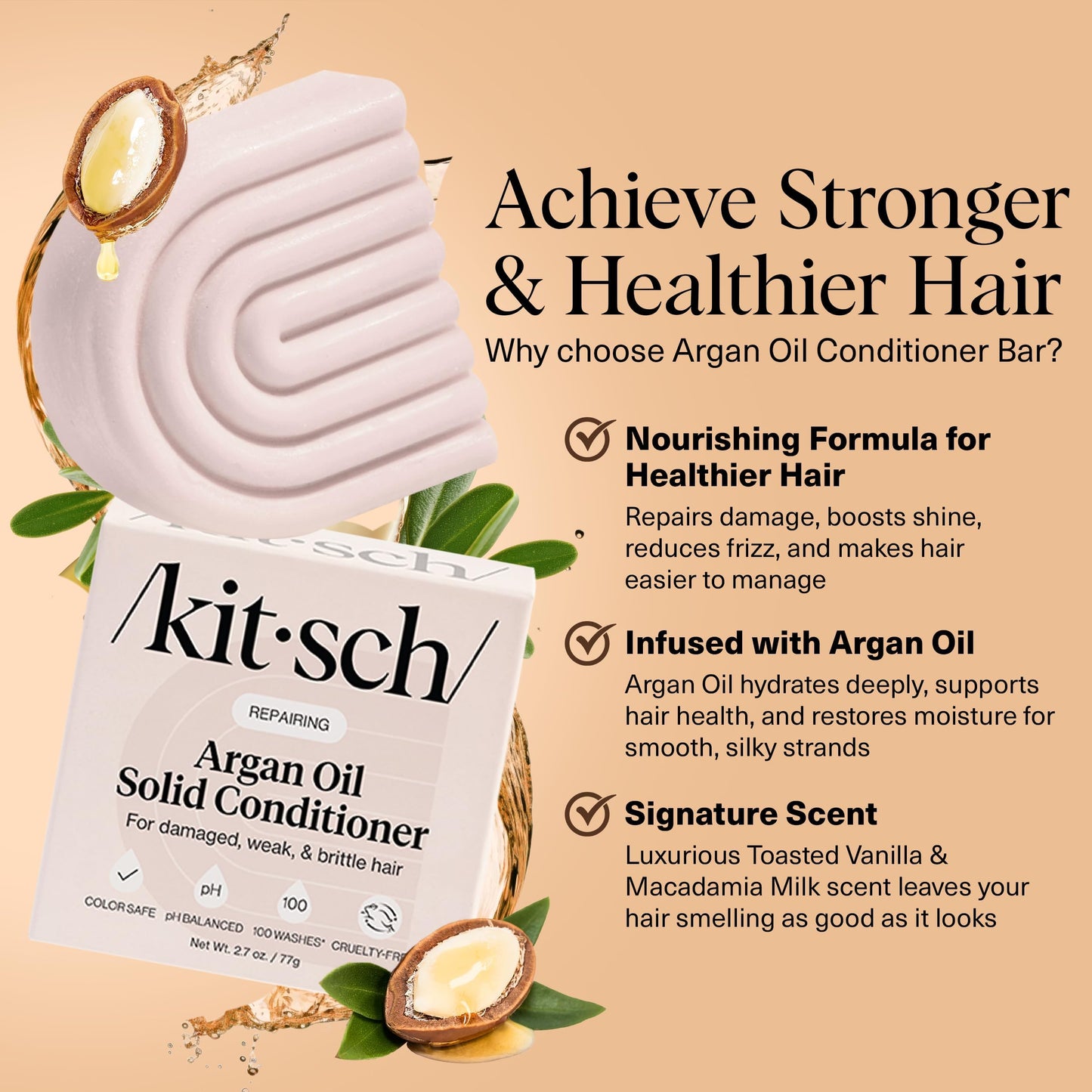 Kitsch Argan Oil Conditioner Bar - Repairing Solid Hair Conditioner for Women and Men - Strengthening, Moisturizing Hair Care - Vegan, All Natural, Paraben & Sulfate-Free, Made in USA, 2.7 oz