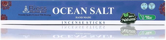 Bless-Ocean-Salt 100%-Natural-Handmade-Hand-Dipped-Incense-Sticks Organic-Chemicals-Charcoal-Free Purification-Relaxation-Positivity-Yoga-Meditation Best-Woods-Scent (25 Sticks (1.4 OZ))
