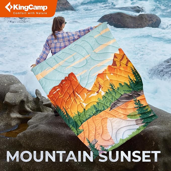 KingCamp Ultralight Camping Blanket, Packable Down Alternative Puffy Printed Wearable Blanket with Snap Buttons & Corner Loops Weatherproof Quilt for Outdoor Travel Stadium (79"L x 57"W, ORANGE/BLUE)