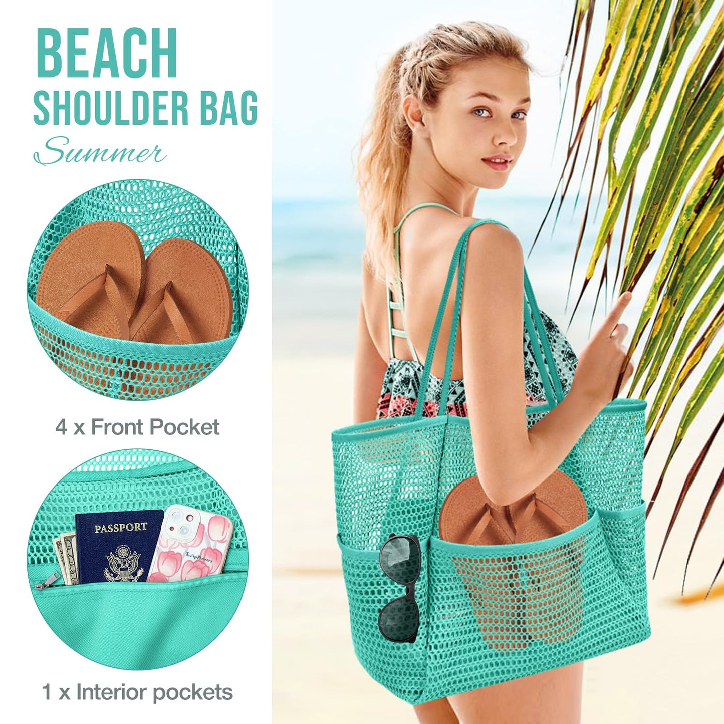 KPX Beach Bag with Mini Pocket, Beach Tote Bags for Women Large Foldable Mesh Swimming Pool Travel Bags - Sandproof (Teal)