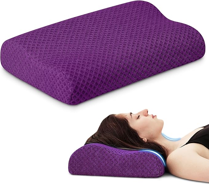 Travel Pillow Memory Foam Pillows, Ergonomic Wave Cervical Neck Pillow for Neck Pain Relief, Compressible Medium Firm Side Sleeper Pillow, Ideal for Camping, Office, Home & Bed (Purple, S)