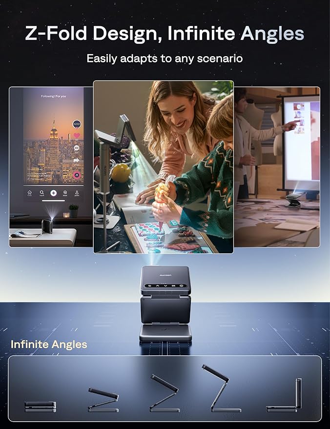 Aurzen ZIP Tri-Fold DLP Ultra-Portable Mini Projector with Bluetooth 5.4, Screen Mirroring, 5000mAh Battery, Type-C Fast Charging, Zero-Lag Focus&Keystone, Pocket Pico Projector, Built-in Stand, Grey