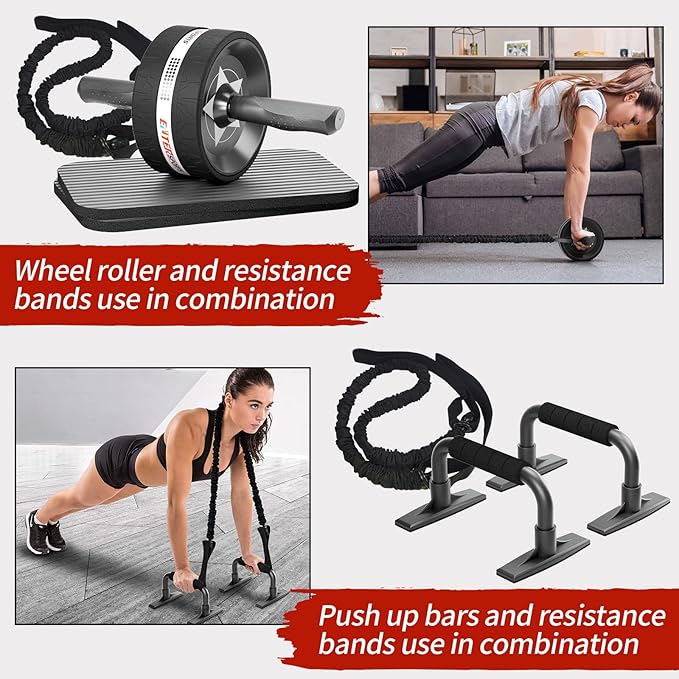 Ab Rollers Wheel Kit, Exercise Wheel Core Strength Training Abdominal Roller Set with Push Up Bars, Resistance Bands, Knee Mat Home Gym Fitness Equipment for Abs Workout